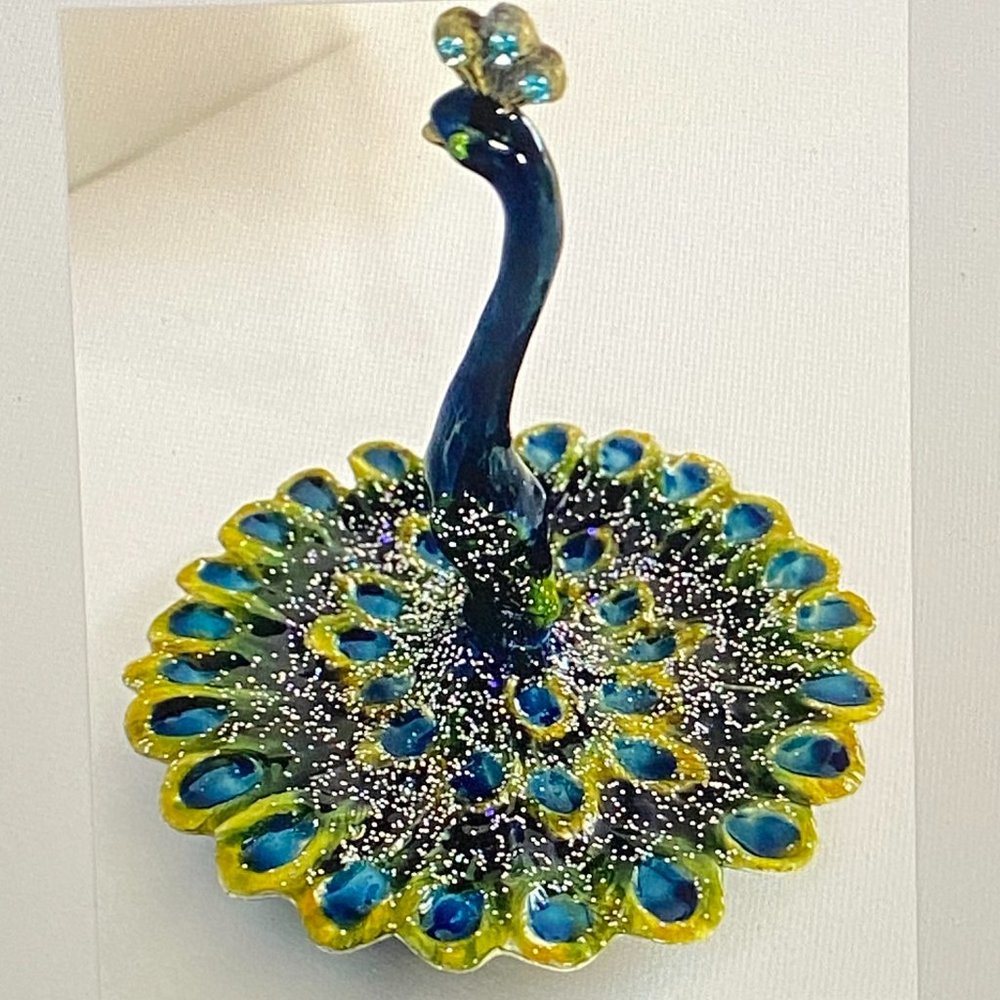 Enameled Pewter Peacock Ring Holder Jewelry Trinket Tray Jeweled Glitter